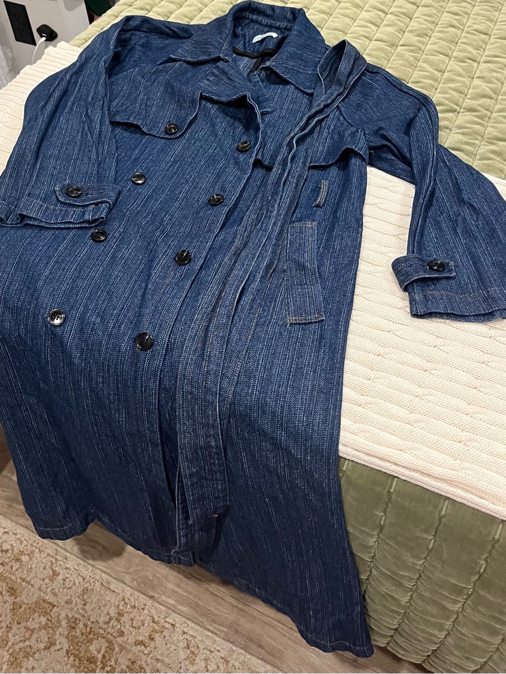 Dark Blue Denim-Style Double-Breasted Trench Coat - Picture 1 of 5